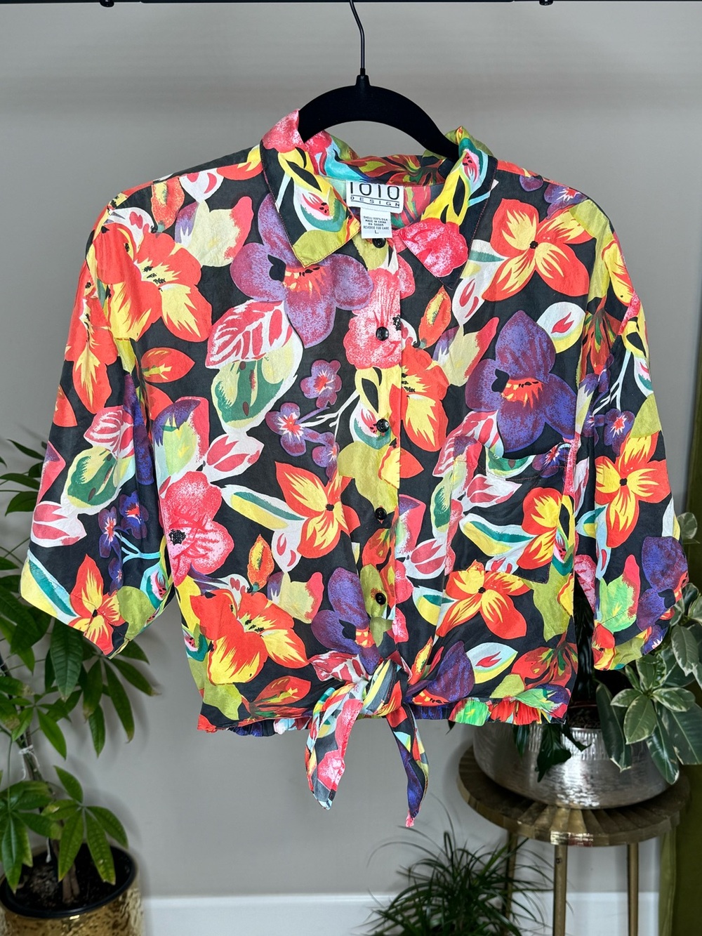 Vintage 1010 Design 100% Silk Tropical Floral Tie Front Blouse L